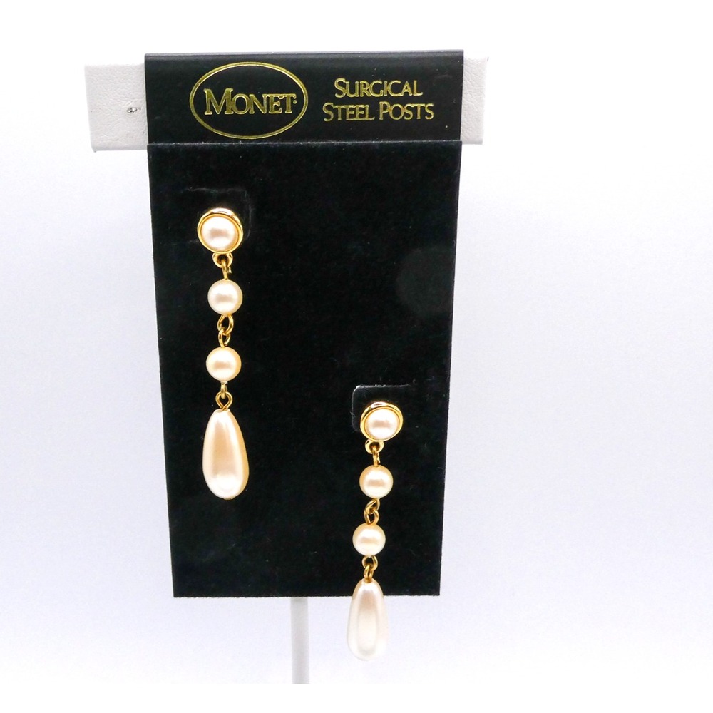 Monet Gold Tone Faux Pearl Drop Dangle Pierced Earrings Vintage 2" Long